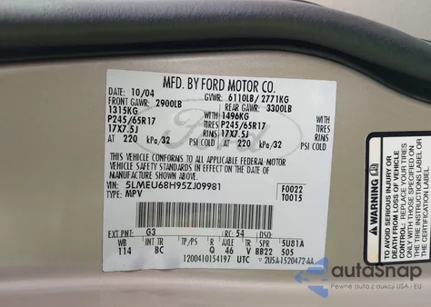 2005 Lincoln Aviator z USA, uszkodzony, nr VIN 5LMEU68H95ZJ09981